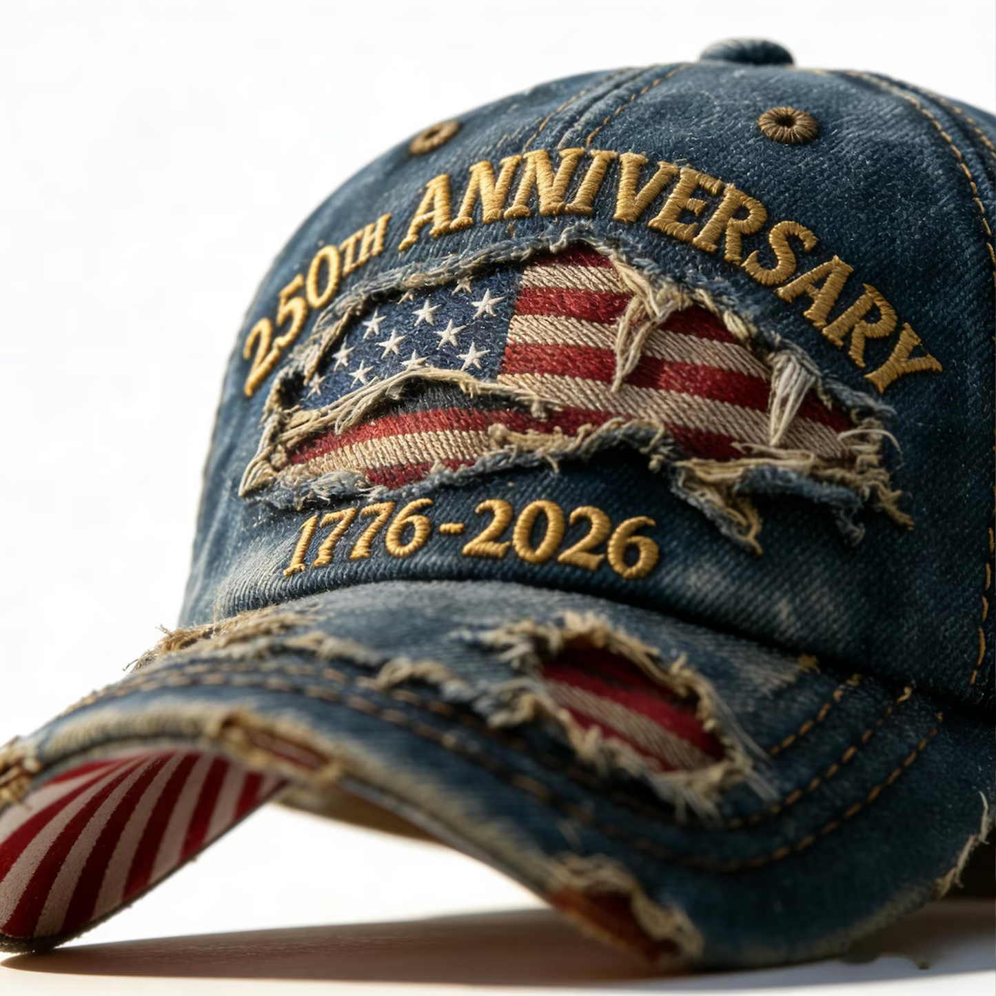 250 Years Anniversary USA Distressed Denim Cap | 1776–2026 Patriotic Adjustable Hat 684408 – WFD