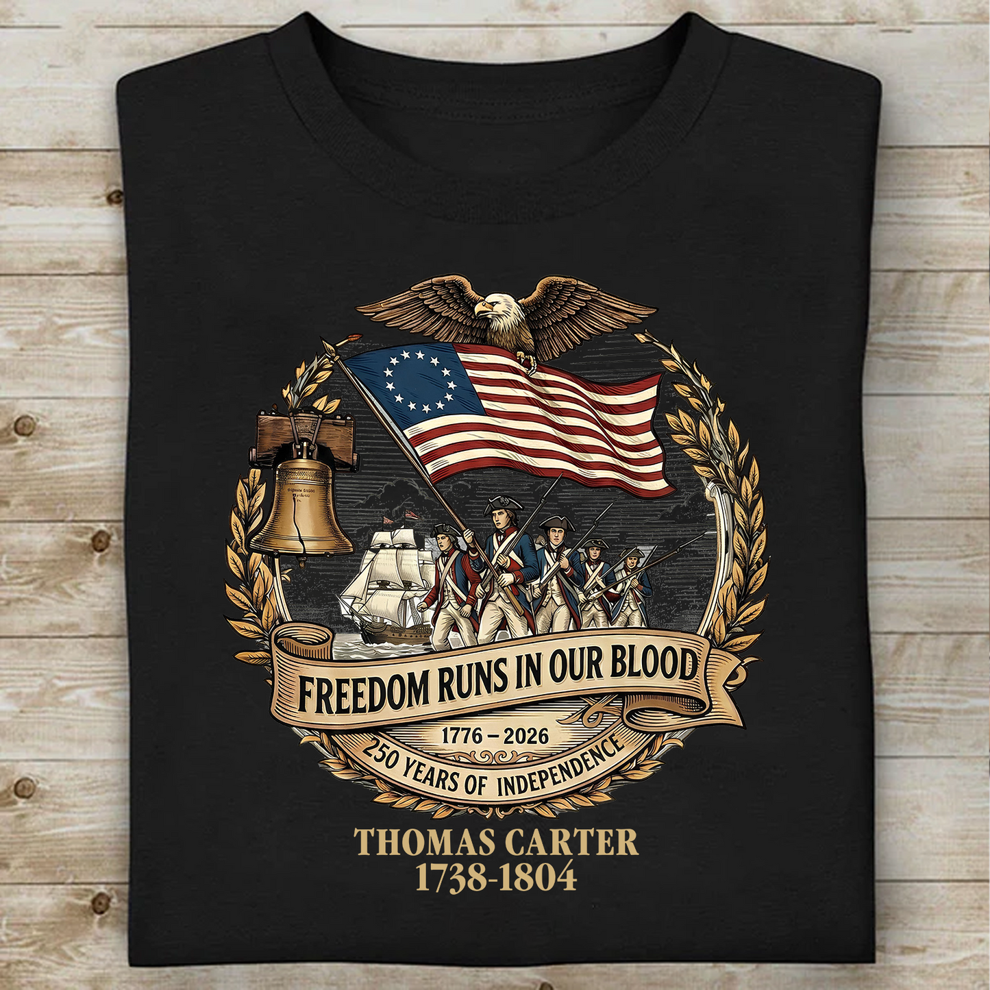 Personalized Freedom Runs In Our Blood Dark Shirt | Revolutionary War Ancestor Tee, Patriotic Tee 684478