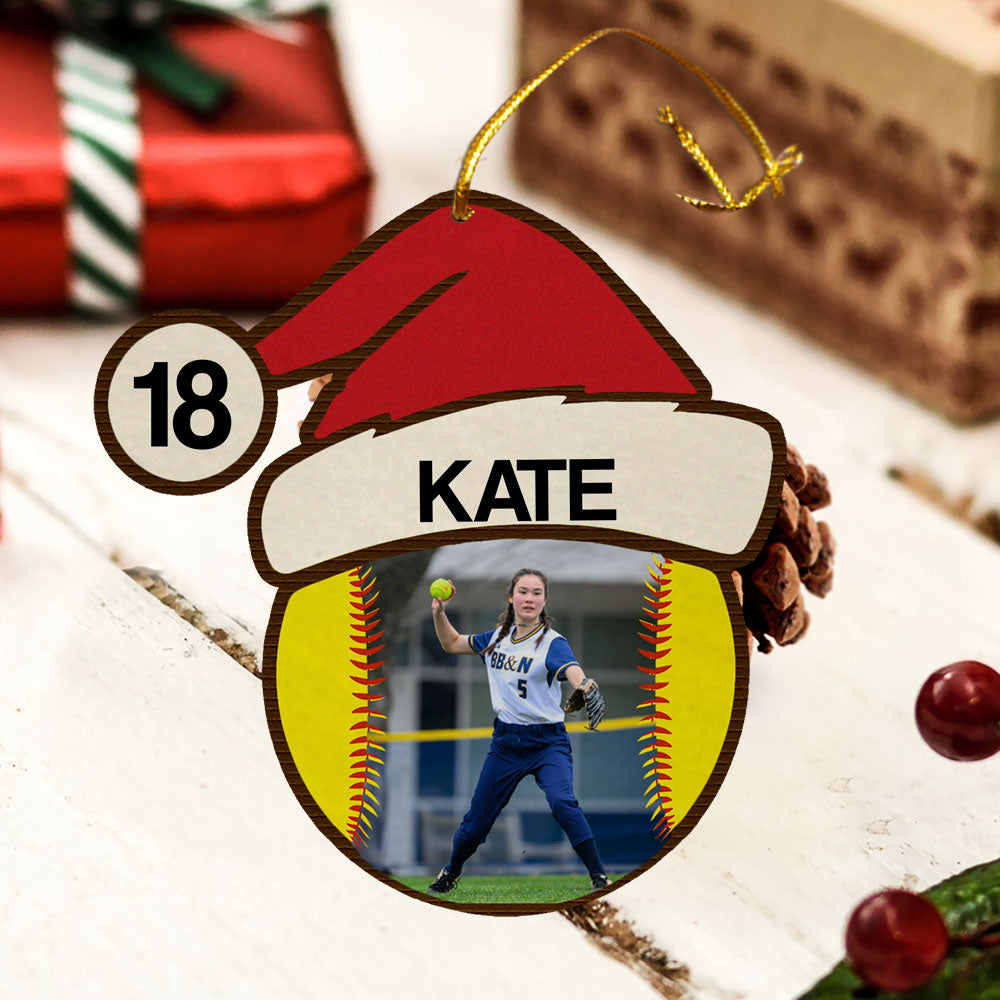 Softball Santa Hat Wooden Ornament | Wooden 1 Layer Ornament for Christmas 682724