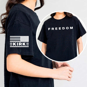 Red Charlie Kirk FREEDOM Shirt | Charlie Kirk Motivational Speech Red Shirt | We Wear Red Charlie Kirk Birthday October 14 | Red Freedom Sleeve Right Shirt 683074