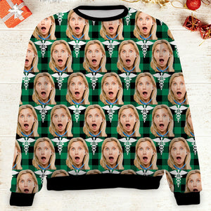 Custom Face Christmas Sweatshirt, Personalized Photo Nurse Theme Sweater, Christmas All-Over-Printed Sweatshirt 682645