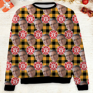 Custom Face Christmas Sweatshirt, Personalized Photo Firefighter Theme Sweater, Christmas All-Over-Printed Sweatshirt 682647