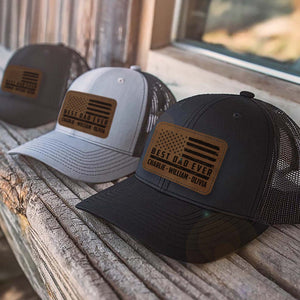 Custom Name Best Dad Ever Trucker Leather Patch Hat, Best Papa Cap with American Flag, Gift for Husband, Grandpa, Him 683843