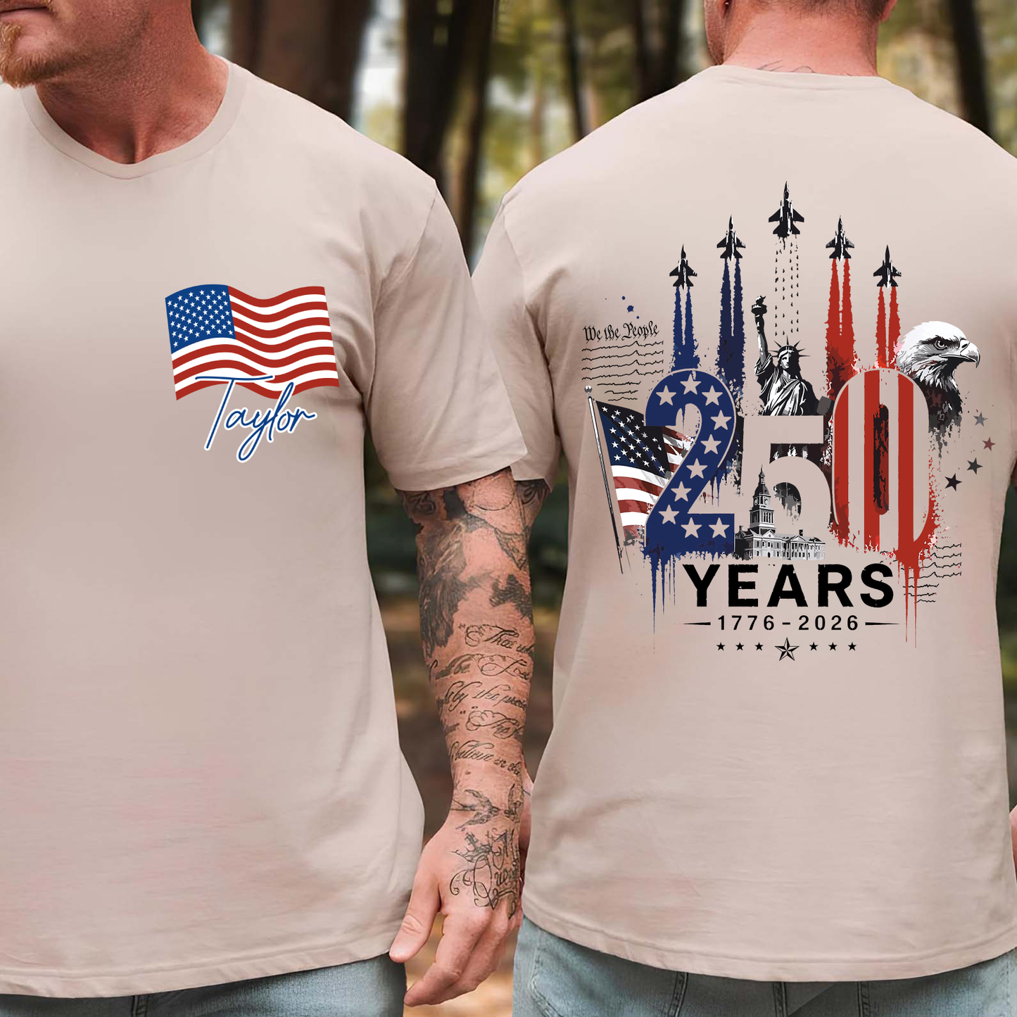 Personalized USA 250th Anniversary Pocket & Back Bright Shirt, 1776-2026 Fighter Jet Tee, Patriotic 4th Of July Gift 685274