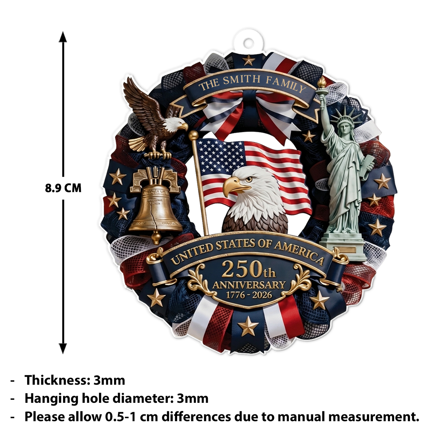 Custom Name USA 250th Anniversary Acrylic Ornament, Patriotic Wreath Ornament, Personalized Christmas Family Gift 685872