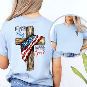 Stand For The Flag Kneel For The Cross Christian Shirt | Patriotic USA Flag Cross Tee | Faith Based 4th of July Pocket & Back Shirt 683191
