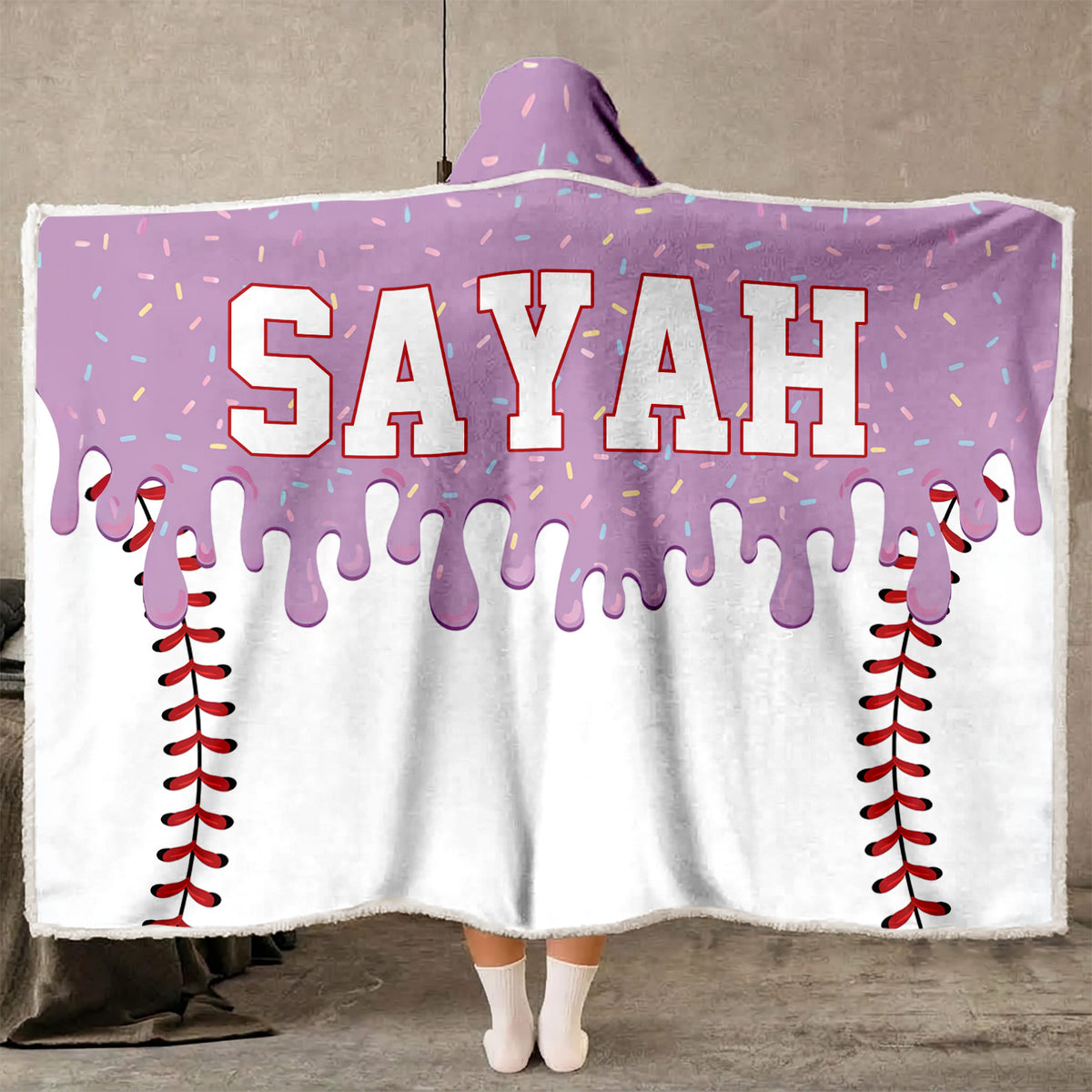 Personalized Baseball Drip Hooded Blanket, Custom Name & Number Ice Cream Drip Baseball Blanket 686375