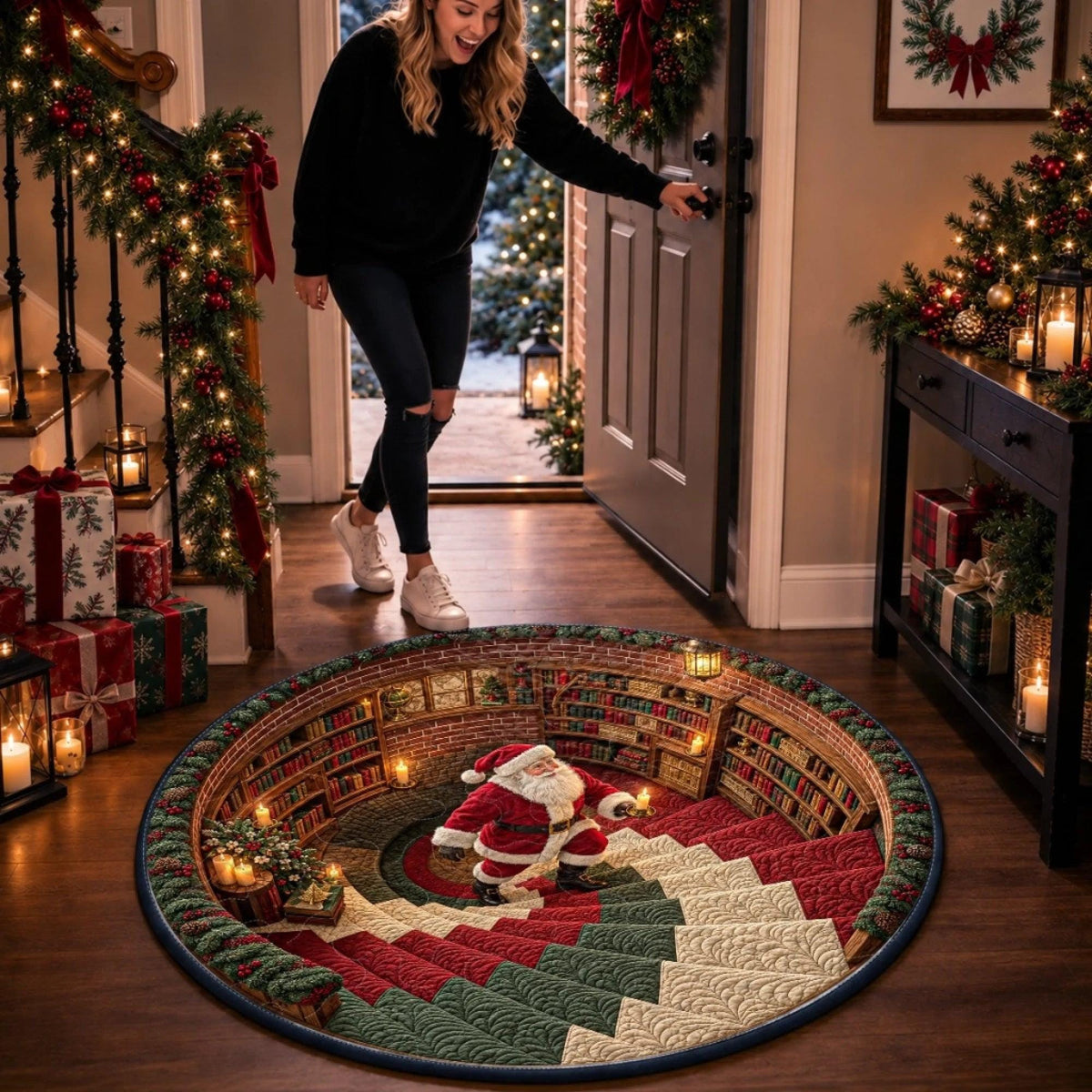 3D Santa Optical Illusion Christmas Round Rug, Spiral Staircase Holiday Floor Mat 686435 WFD