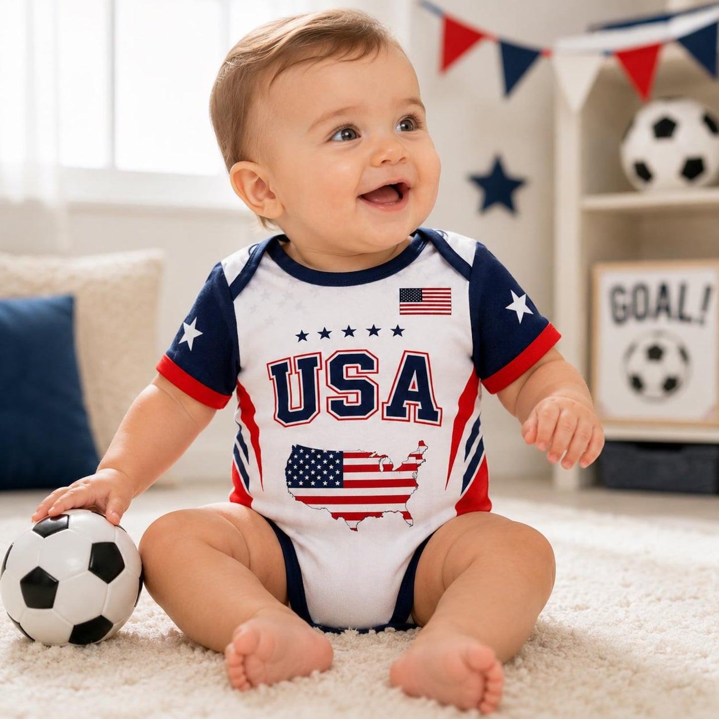 Personalized USA Baby Soccer Bodysuit, Custom Name Number Infant Outfit, American Flag Baby Romper, Gift For Newborn 685426