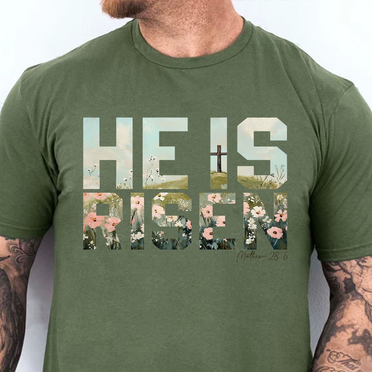 He Is Risen Christian Easter Shirt, Matthew 28:6 Bible Verse Shirt, Floral Cross Faith Tee 684400