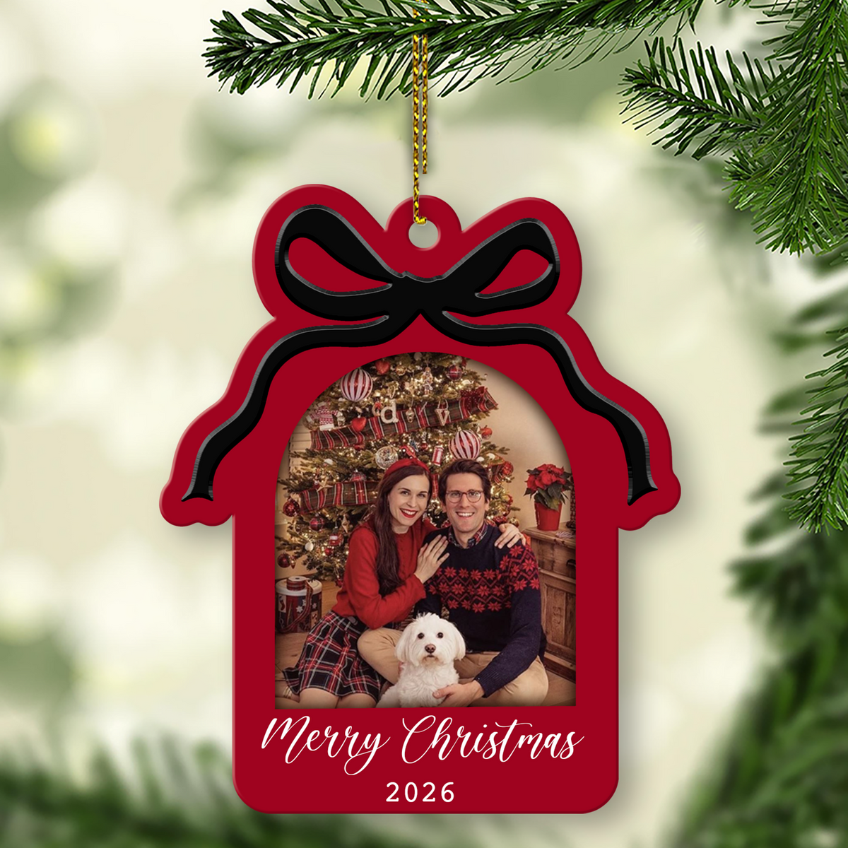Custom Photo Bow Frame Wooden Ornament, Personalized Christmas Ornament, Gift For Family 686018