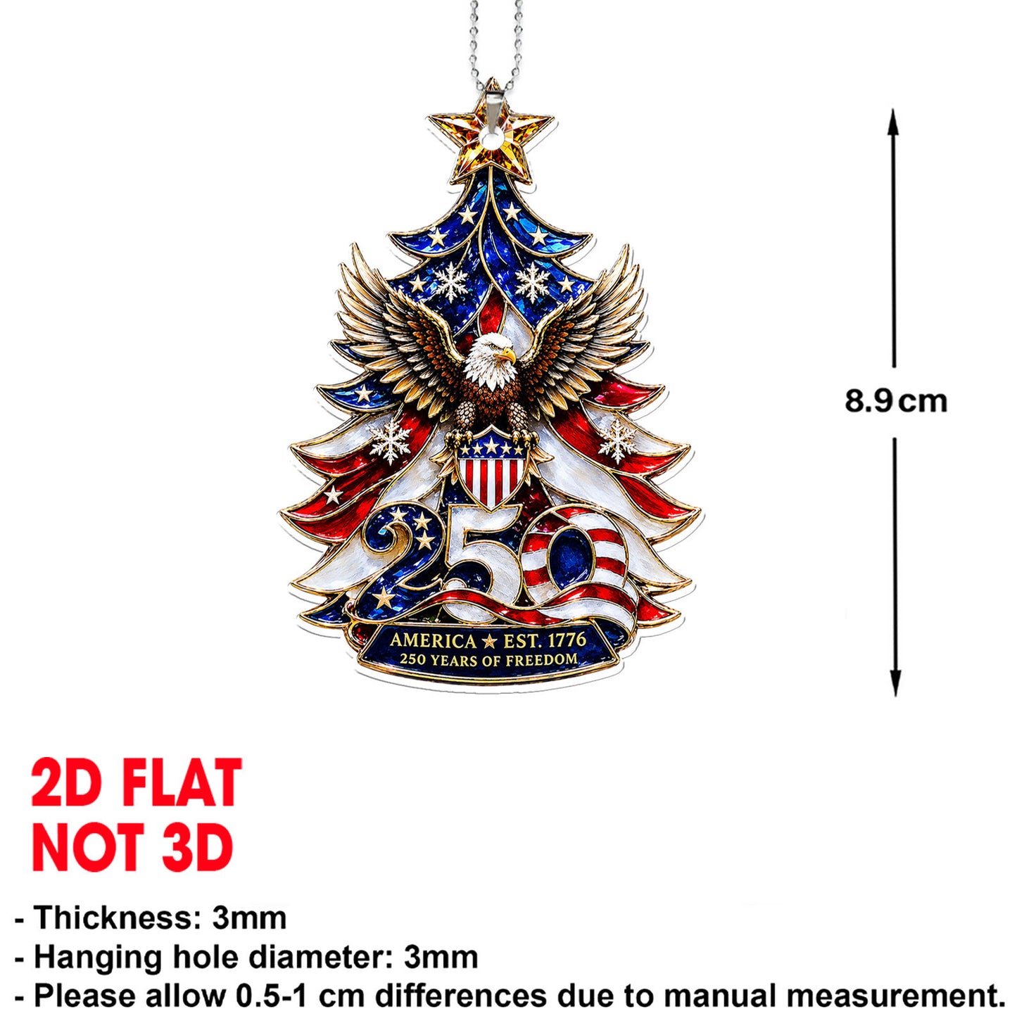 USA 250 Years Of Freedom Car Ornament, America EST. 1776 Bald Eagle Patriotic Christmas Ornament 685789