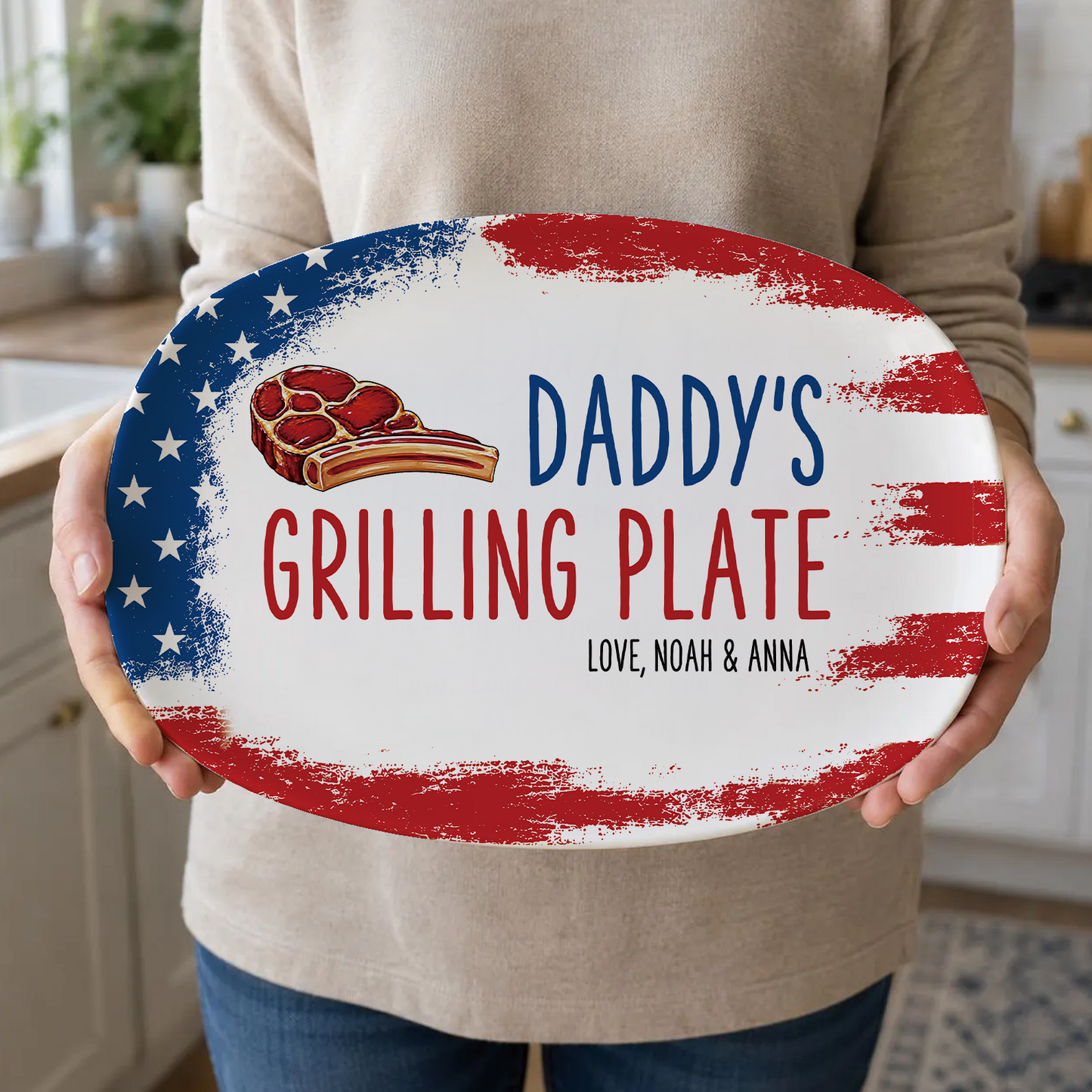 Personalized Daddy’s Grilling Plate, Custom Name BBQ Serving Tray Platter, 4th Of July Gift For Family 685222