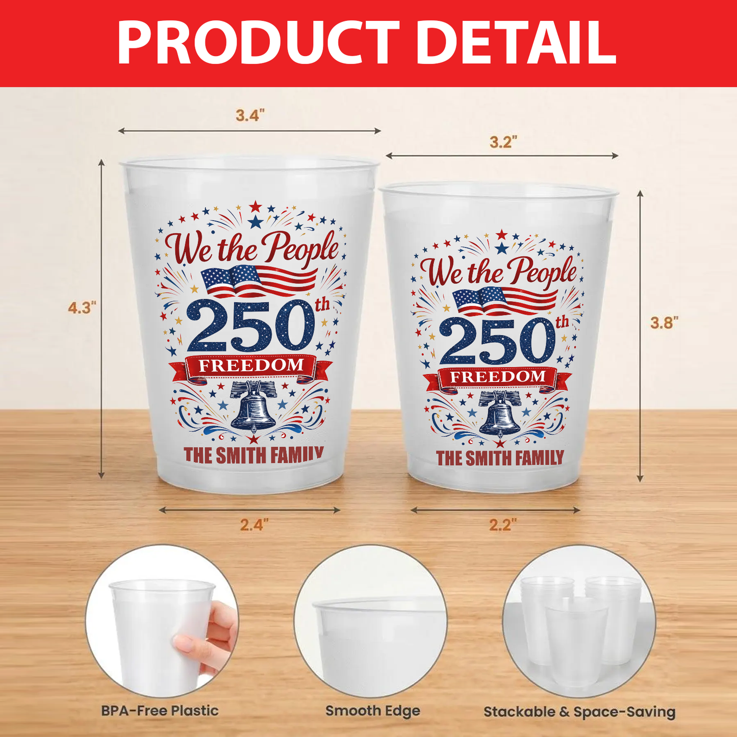Personalized USA 250 Years Of Freedom Frosted Cups, 1776–2026 Party Cups, Custom Family Name Cups 684894