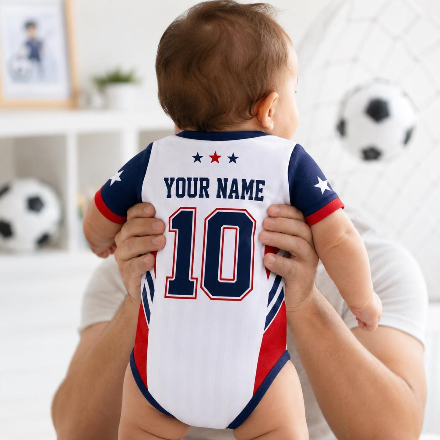 Personalized USA Baby Soccer Bodysuit, Custom Name Number Infant Outfit, American Flag Baby Romper, Gift For Newborn 685426 WFD