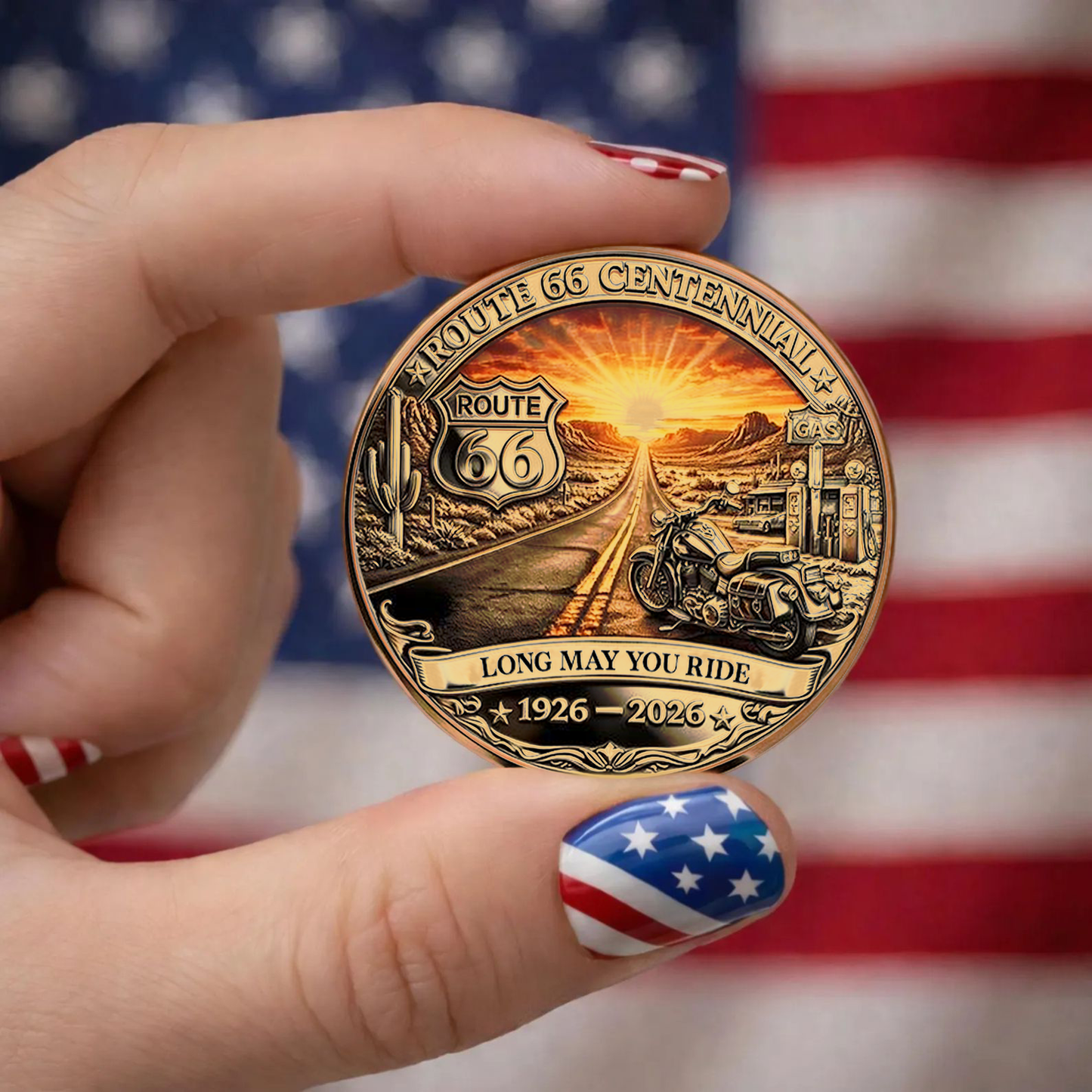 Personalized Route 66 Centennial Coin | Vintage Motorcycle Road Trip Design Coin Gift For Biker 684689