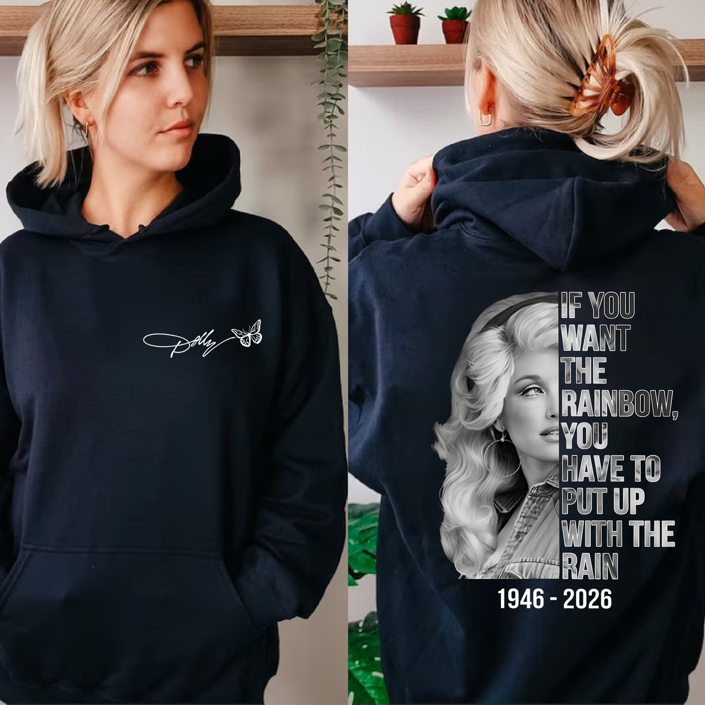 "If You Want The Rainbow" Dolly Parton Memorial Pocket & Back Dark Shirt, Country Music Tribute Tee, Butterfly Signature Graphic Shirt 686069