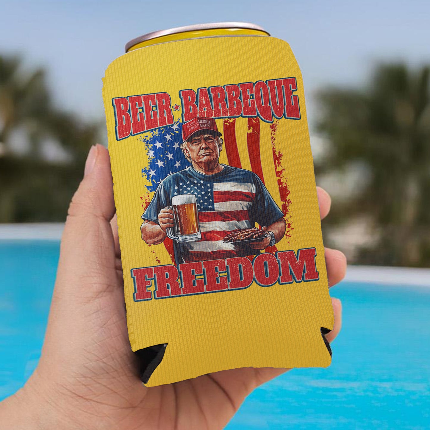 Beer BBQ Freedom Can Cooler | President Trump Can Holder | 4th Of July Can Sleeve For Drinks 682466 - GOP