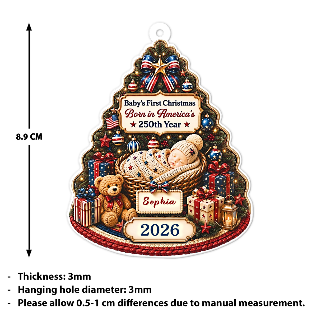 Personalized Baby’s First Christmas Born In America’s 250th Year Acrylic Ornament, USA 250 Years Anniversary Newborn Keepsake Gift 686014