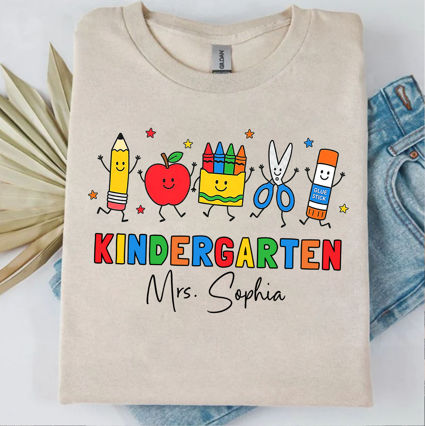 Custom Name Kindergarten Teacher Bright Shirt, Personalized Vintage School Supplies Tee, Back To School Gift 685731