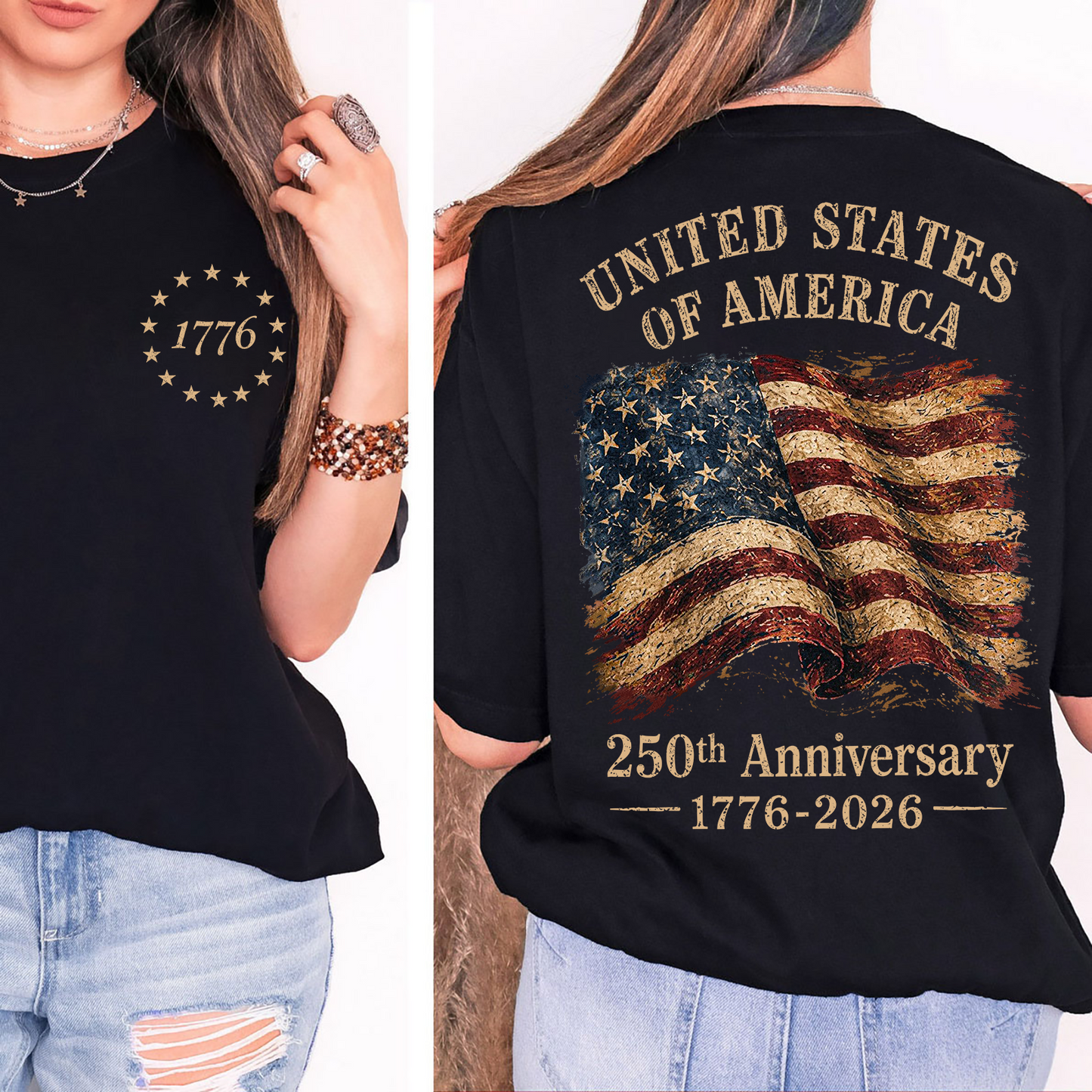 USA 250th Anniversary Pocket & Back Dark Shirt, Vintage USA Flag Tee, Patriotic 4th Of July Gift 685404