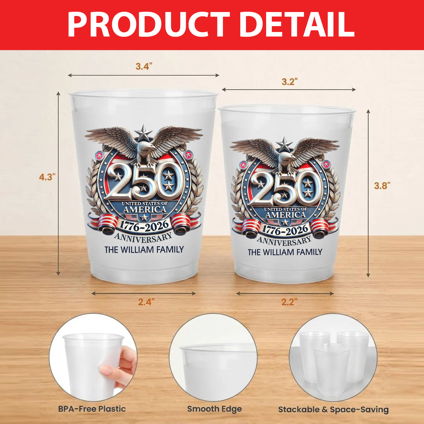 Personalized Freedom 250 Years Anniversary Frosted Cups, 1776–2026 Party Cups, Custom Family Name Cups 684884