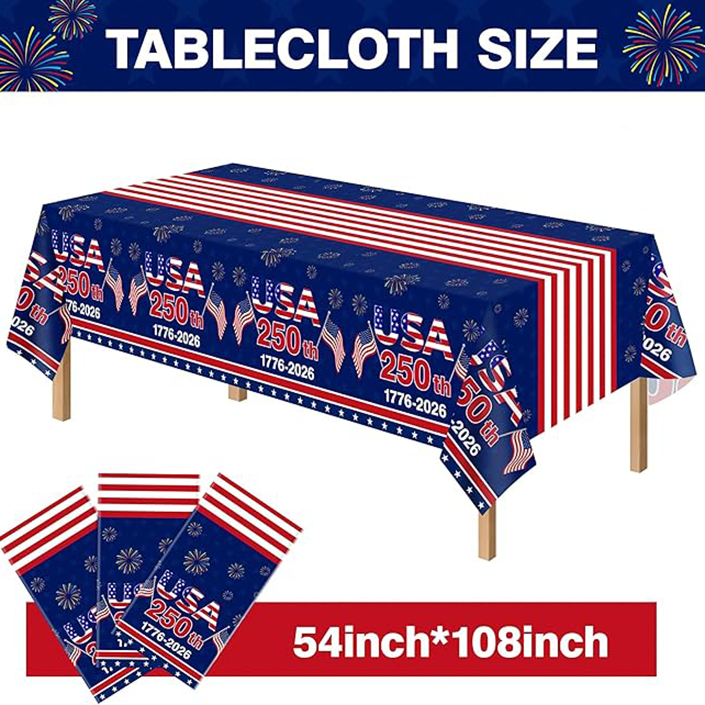 USA 250th Anniversary Tablecloth | Patriotic 1776–2026 Semiquincentennial Decor | Independence Day Table Decoration 685015
