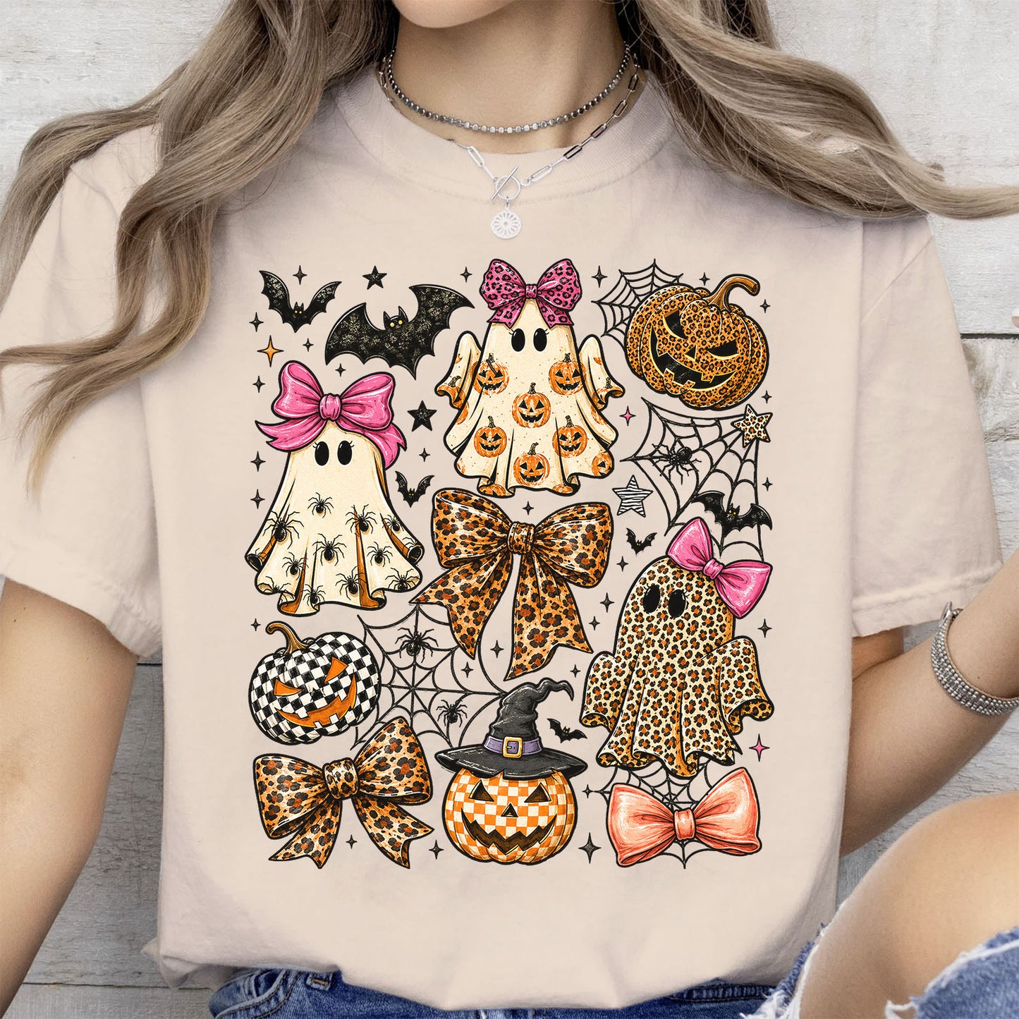 Coquette Leopard Pumpkin Ghost Bright Shirt, Retro Halloween Girly Ghost Tee 685659