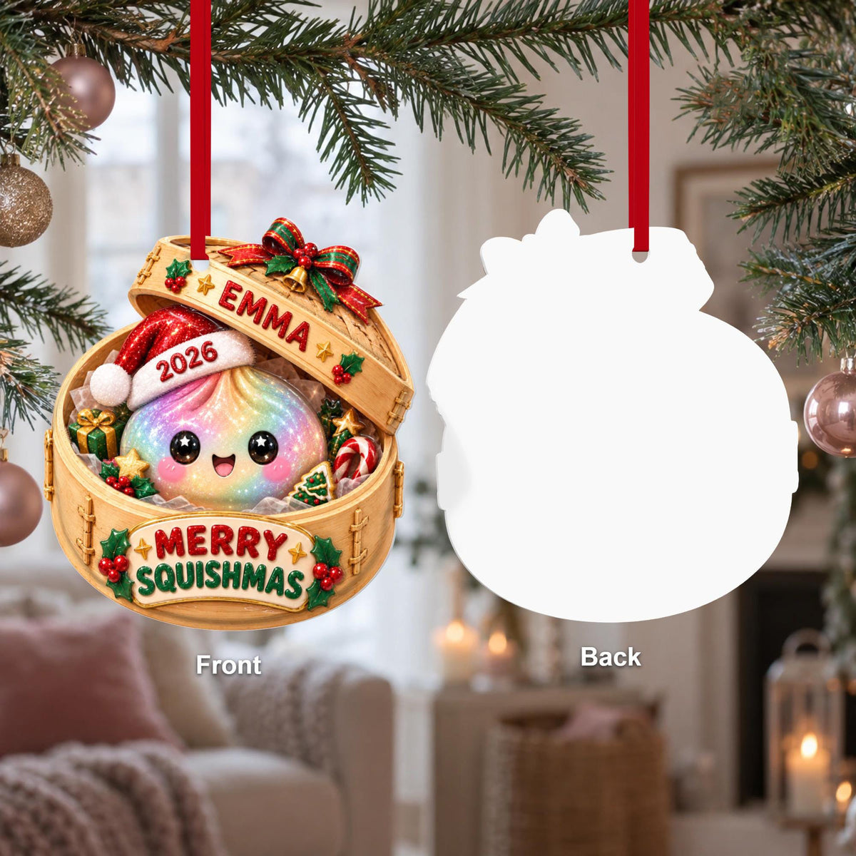Personalized Glitter Dumpling 3D Relief White Acrylic Ornament, Custom Name Squishy Christmas Keepsake 686650