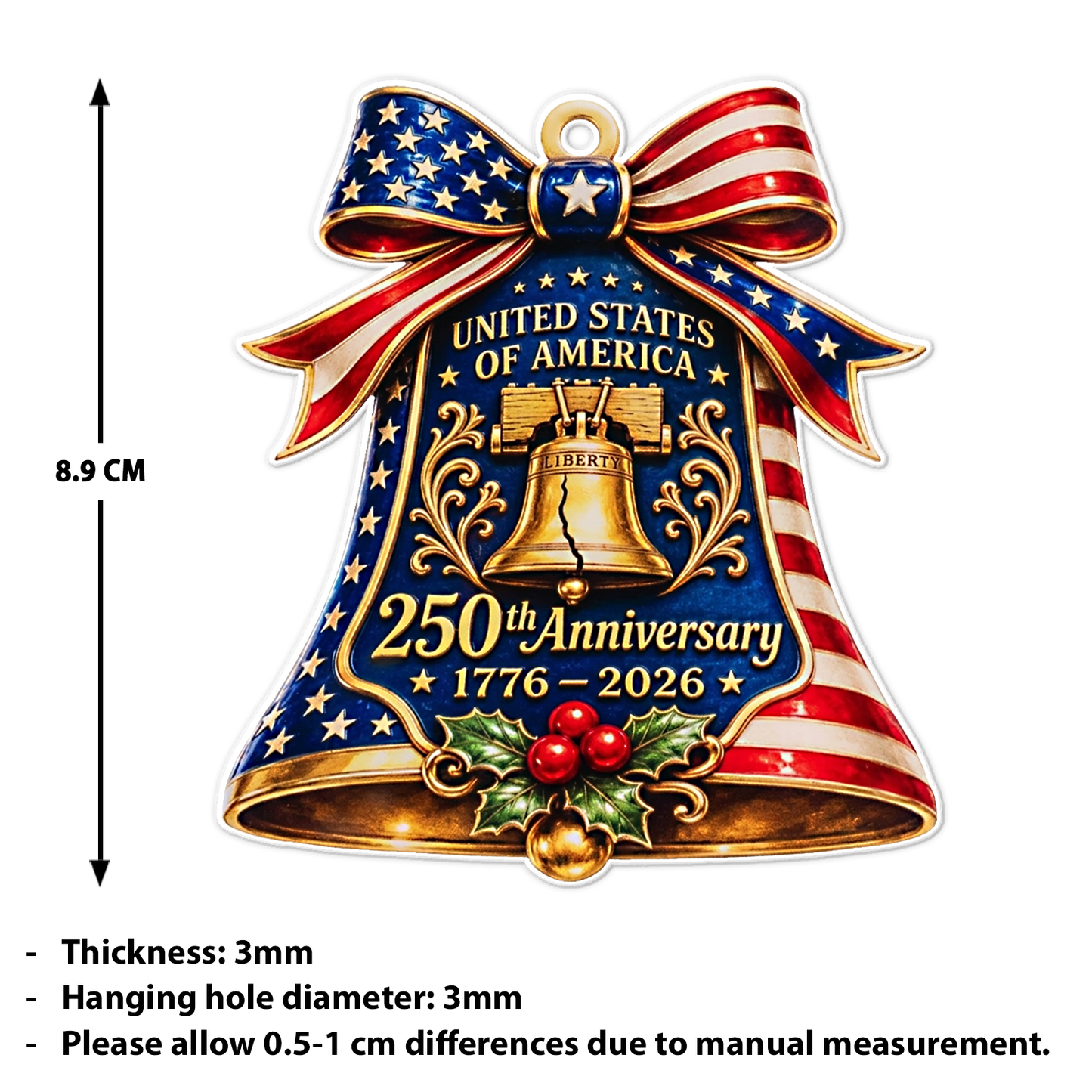 USA 250 Years Anniversary Acrylic Ornament, 1776-2026 Patriotic Liberty Bell Christmas Ornament 686113