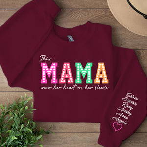 This Mama Wears Her Heart on Her Sleeve Custom Name Shirt, Personalized Custom Sleeve Print Sweatshirt, Mother's Day Gifts, Gift For Mom, Gift For Wife 682068
