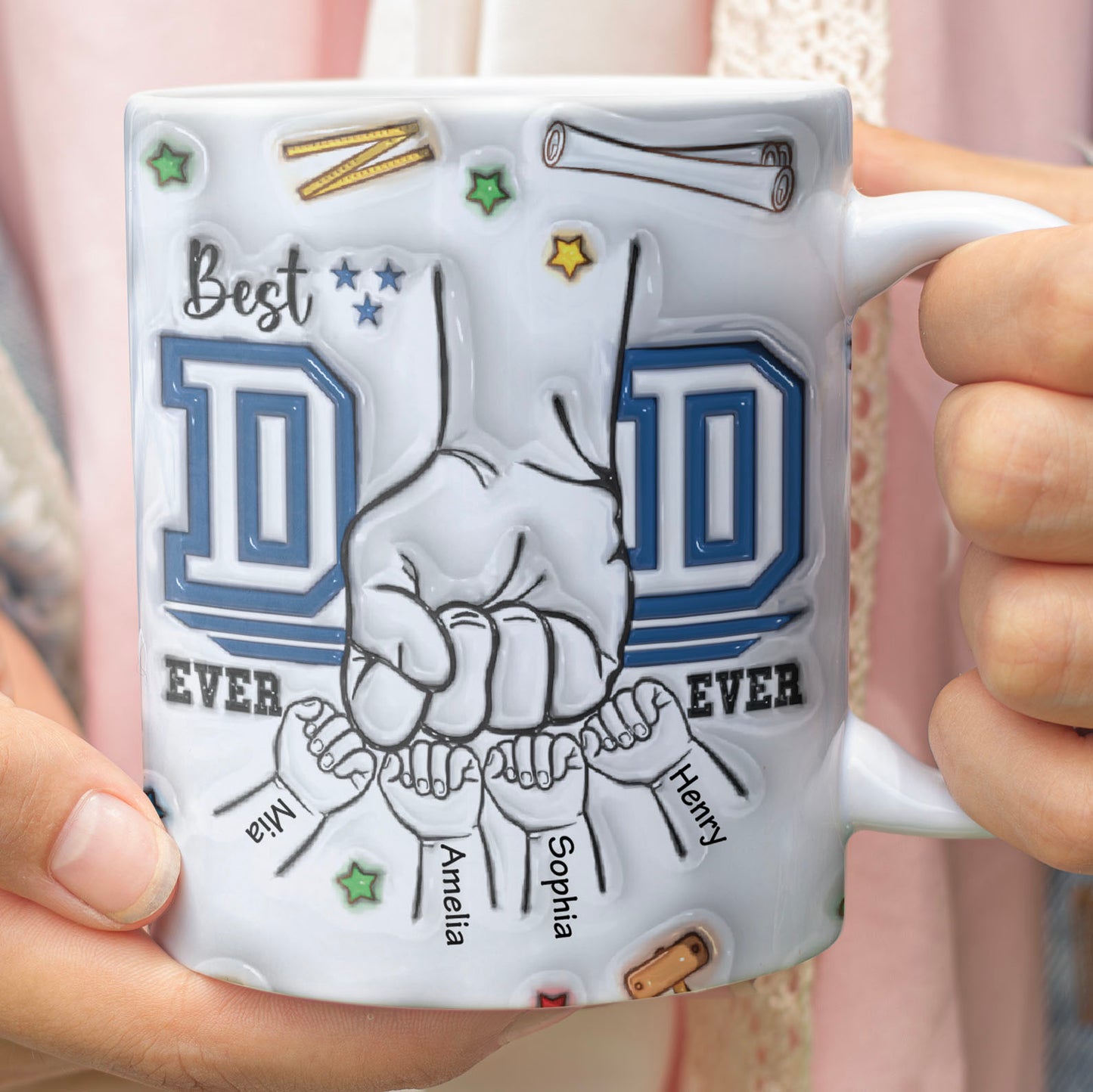 Best Dad Ever Mug, Dad Fist Bump 3D Inflated White Mug, Father's Day Gift, Gift for Dad, Gift for Husband 682245