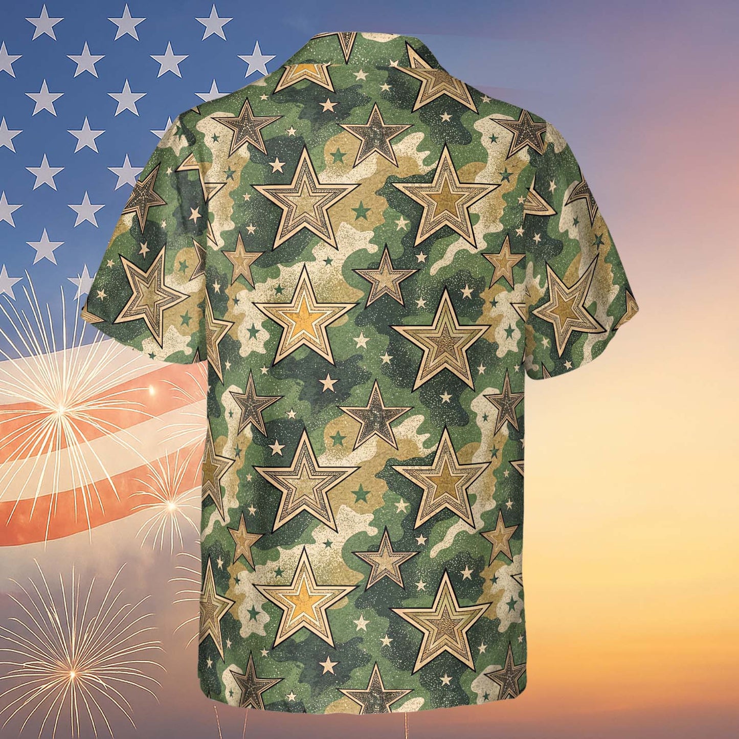 Military Camouflage Stars Hawaiian Shirt | Vintage Independence Day Shirt | 4th of July Hawaiian Shirt 682303