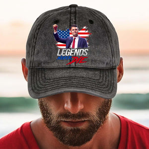 Charlie Kirk Legends Never Die Printed Vintage Washed Denim Baseball Cap | Justice for Charlie Kirk Hat 682897