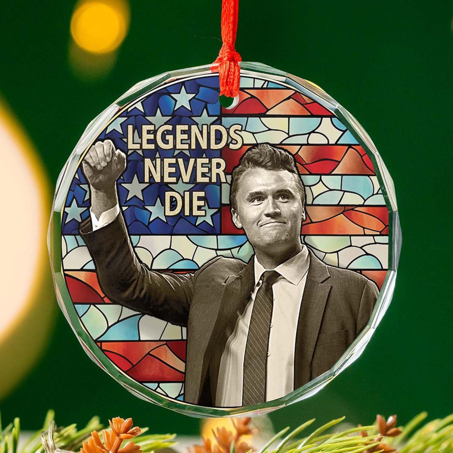 Charlie Kirk Legends Never Die Glass Ornament | Charlie Kirk Ornament | Justice For Charlie Kirk Ornament 683139