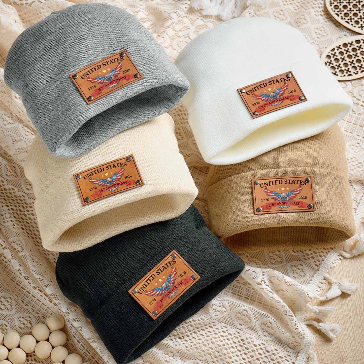 250 Years America Beanie | Semiquincentennial Knit Hat with Leather Patch | 250th Anniversary USA Patriotic Christmas Gift 683653