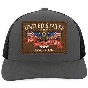 US 250 Years Anniversary Trucker Leather Patch Hat, Patriotic 1776–2026 Cap 683772