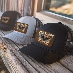 250 Years Anniversary Trucker Leather Patch Hat, Happy 250th Birthday United States, Patriotic 4th of July 1776–2026 683797