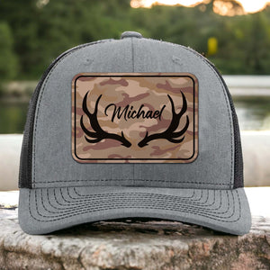 Custom Name Hunting Antlers Trucker Leather Patch Hat, Deer Hunting Cap, Gift For Him 683800