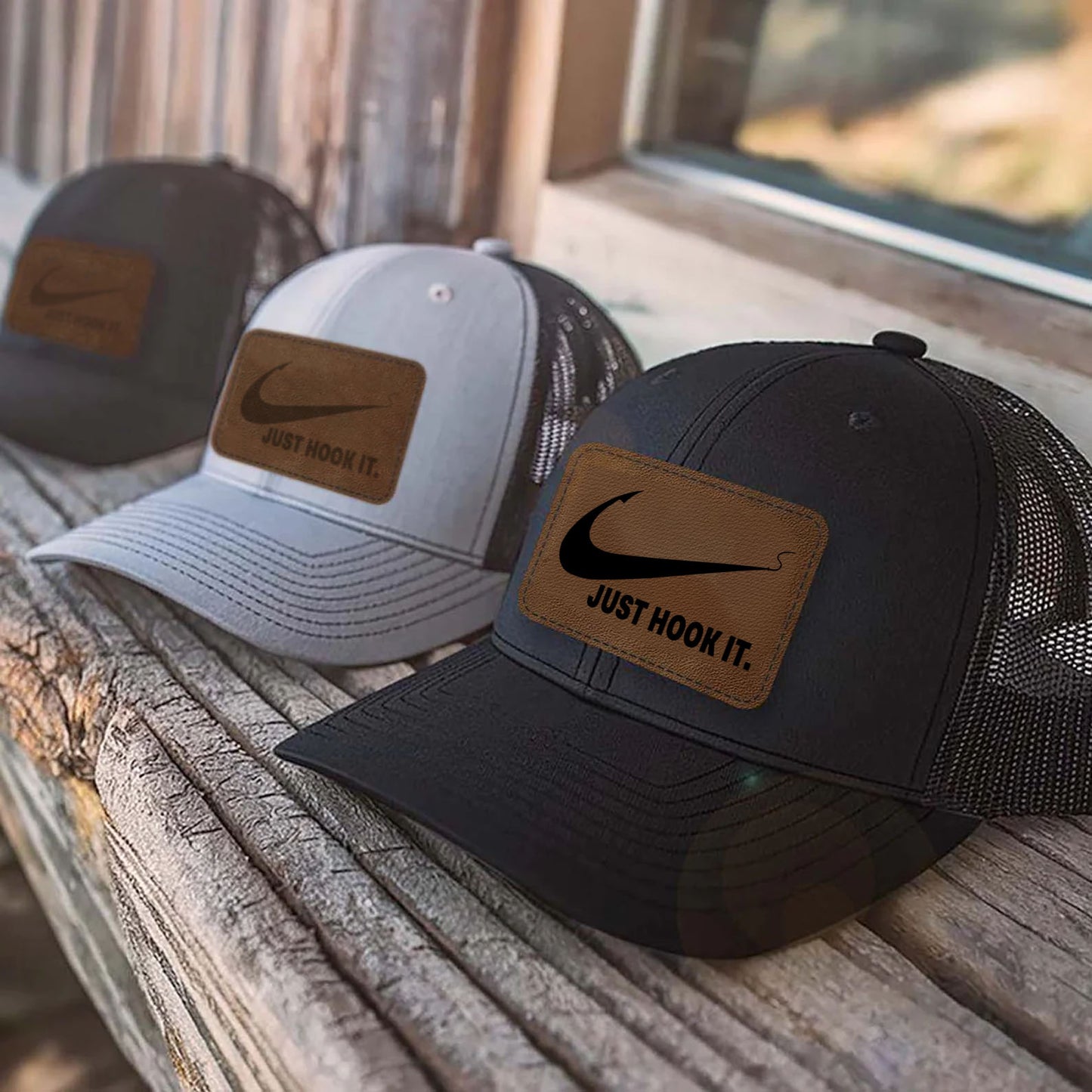 Just Hook It Fishing Trucker Leather Patch Hat, Funny Fisherman Cap, Father’s Day Gift, Birthday Gift for Him, Husband 683834