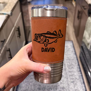 Personalized Fishing Leather Tumbler, Custom Name Leather Tumbler, Father’s Day Gift, Birthday Gift for Dad Husband 683835