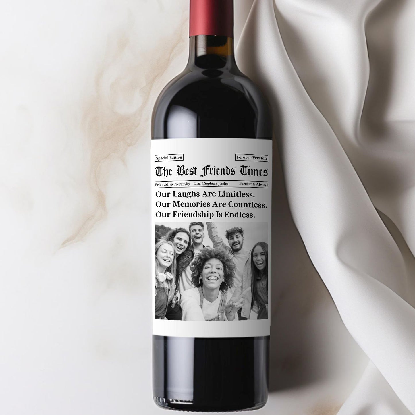 Custom Photo The BFF Times Wine Label | Personalized Wine Bottle Label| Friendship Gifts Newspaper 683997