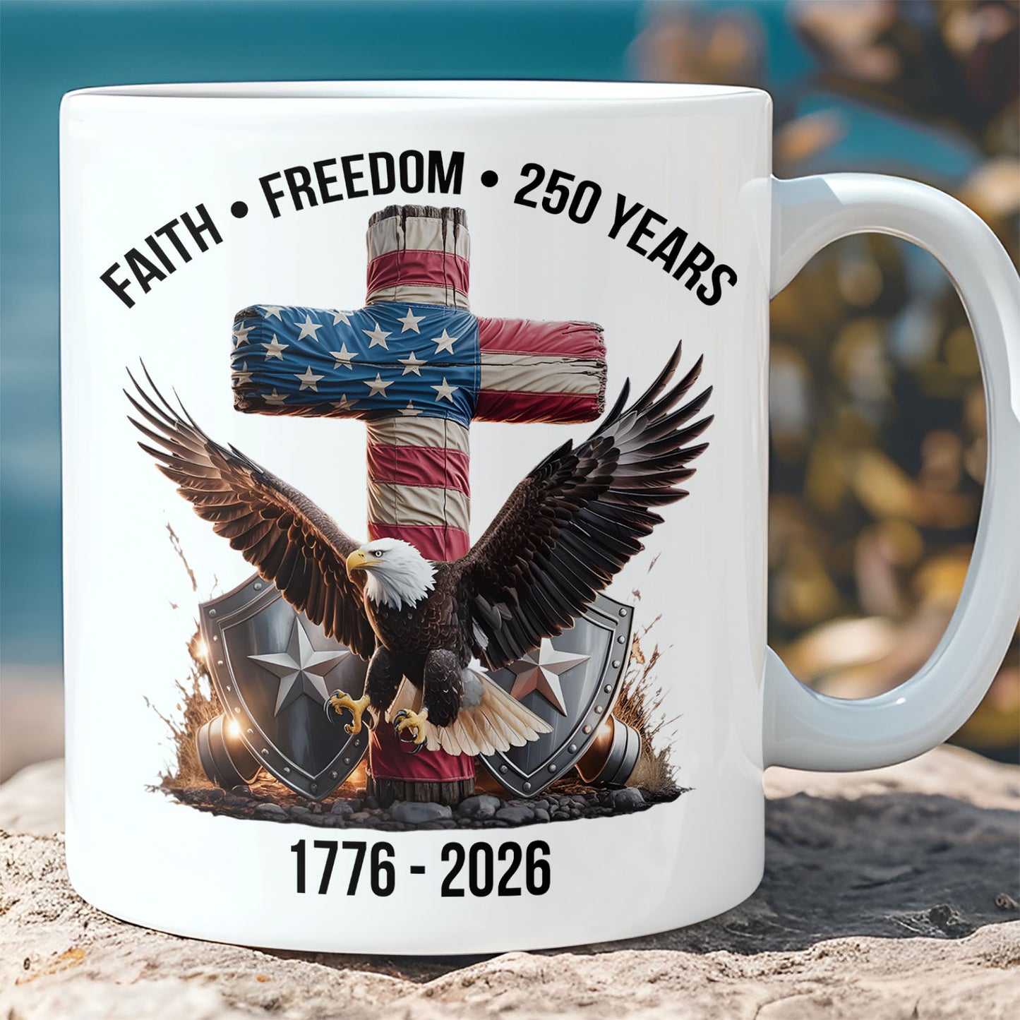 250 Years of Freedom Mug, 1776-2026 Eagle Patriotic Coffee Mug, Patriotic Christian Eagle Cross White Mug 684061