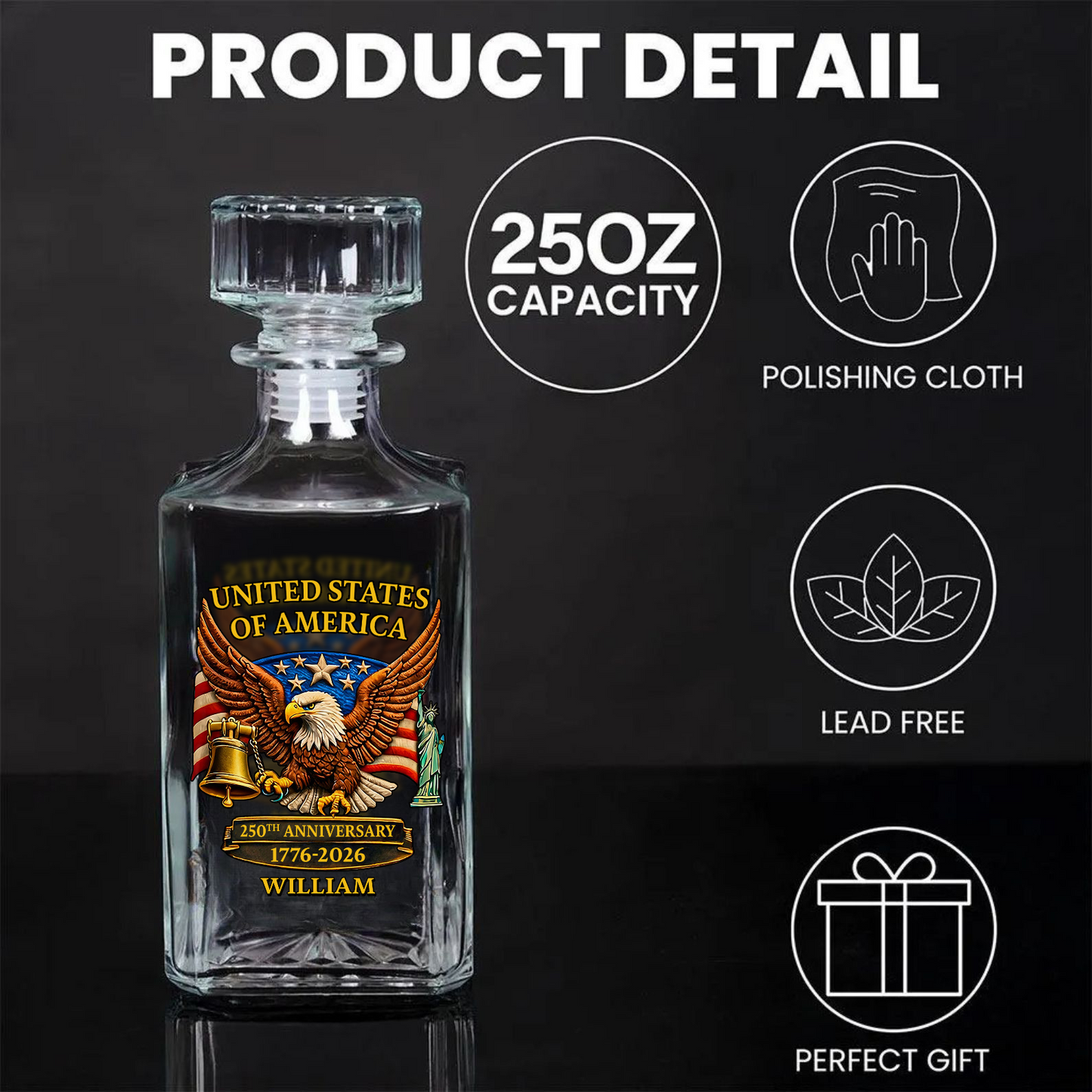 Custom Name USA 250 Years Whiskey Decanter Set | Patriotic Eagle 1776–2026 Whiskey Glass Whiskey Bottle 684263