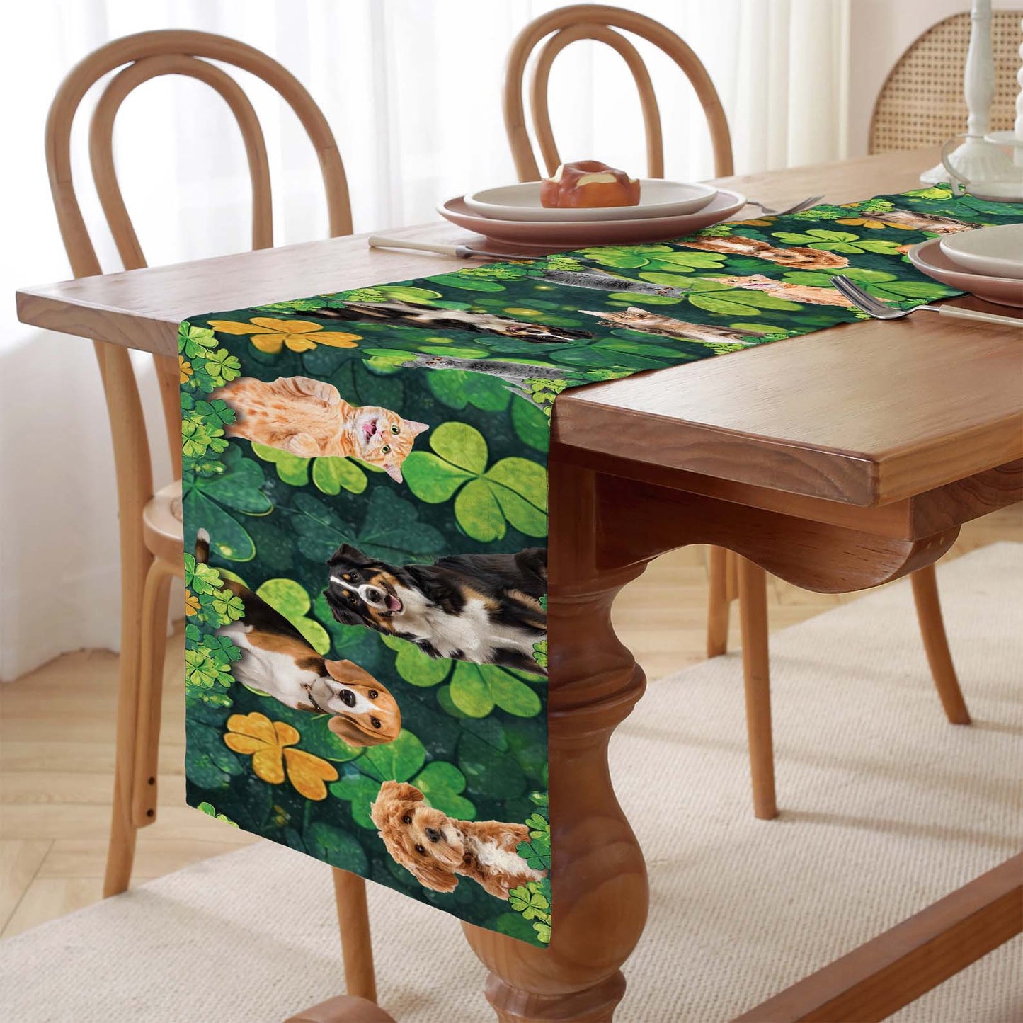 Custom Photo St. Patrick’s Day Clovers Table Runner | Personalized Shamrock Lucky Irish Dining Table Decor 684313