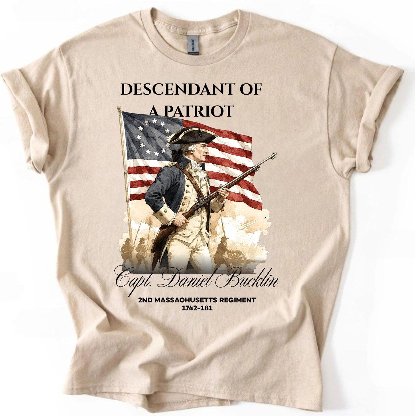 Custom Descendant of a Patriot T-shirt | Personalized 250 Years Revolutionary War Heritage Family Name | Patriotic Tee 684374