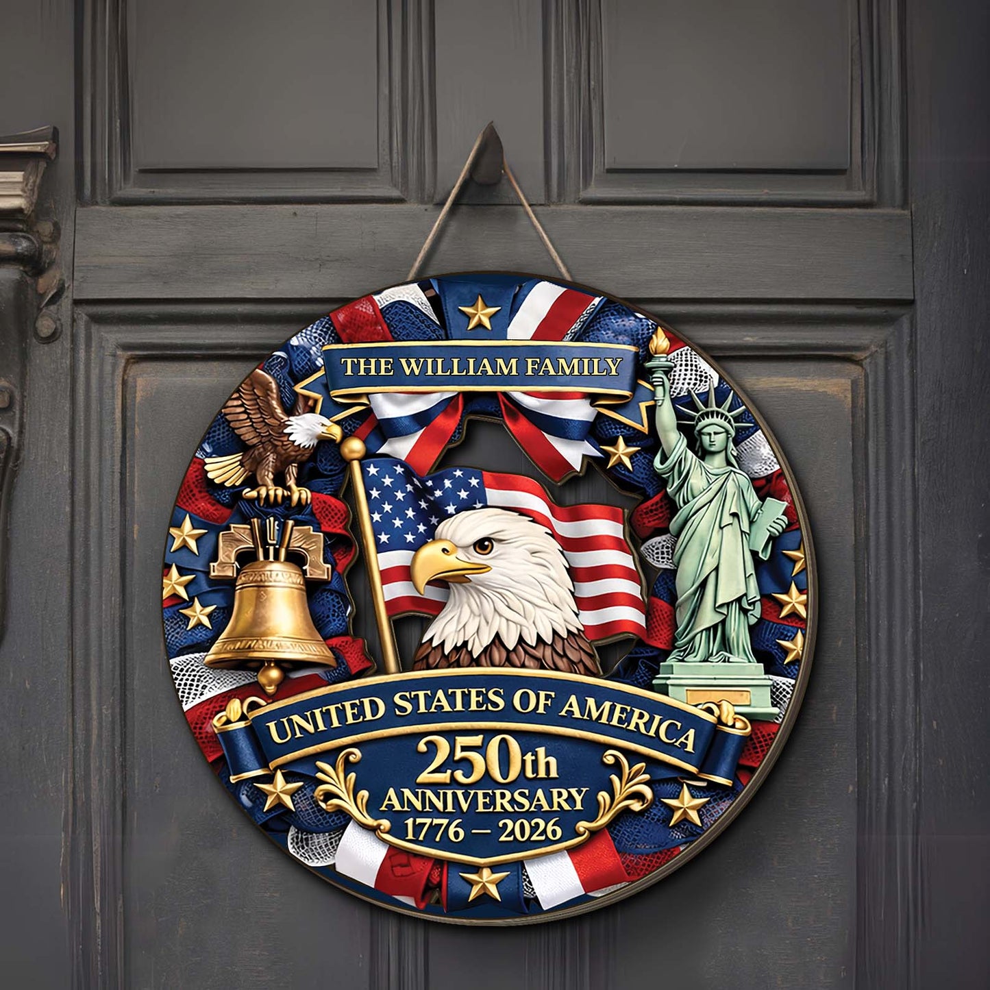 Personalized America 250th Anniversary Wooden Sign | 1776-2026 Semiquincentennial Wood Wreath | Patriotic Decor 684477