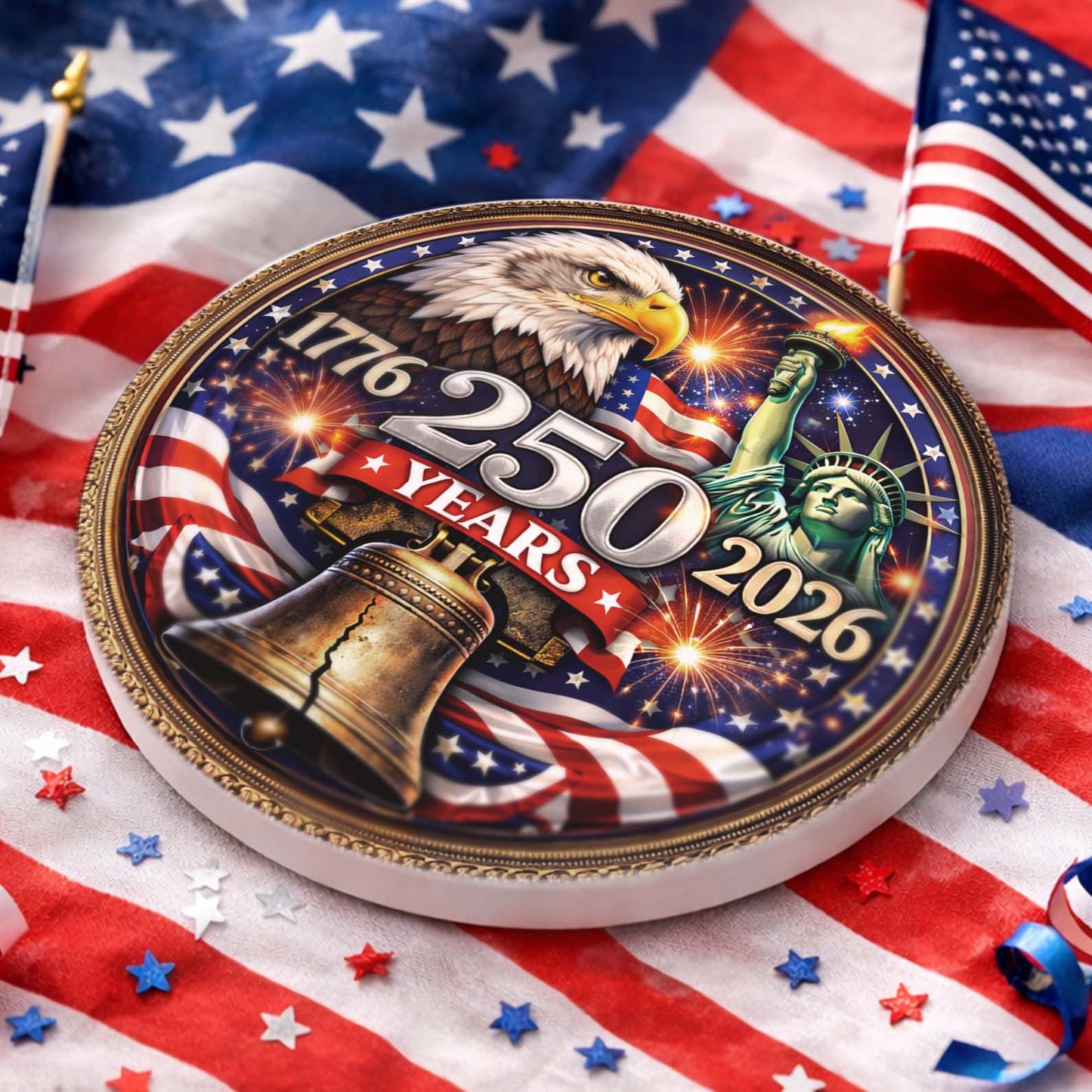 250 Years USA Anniversary Ceramic Coaster | Patriotic Eagle Liberty Coaster 684510
