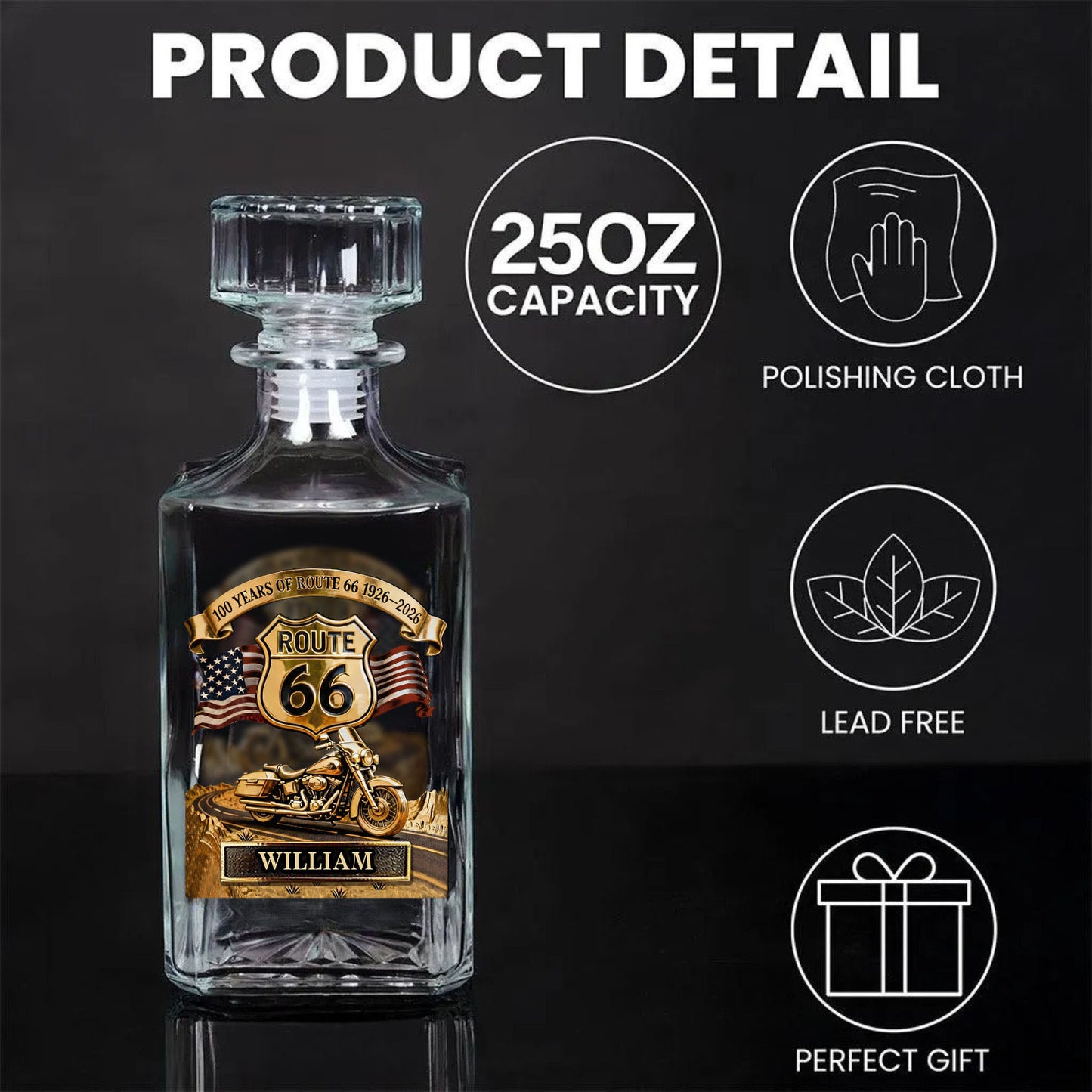 Personalized 100 Years Of Route 66 Whiskey Decanter Set | Whiskey Glass & Bottle Set Gift For Bikers 684651