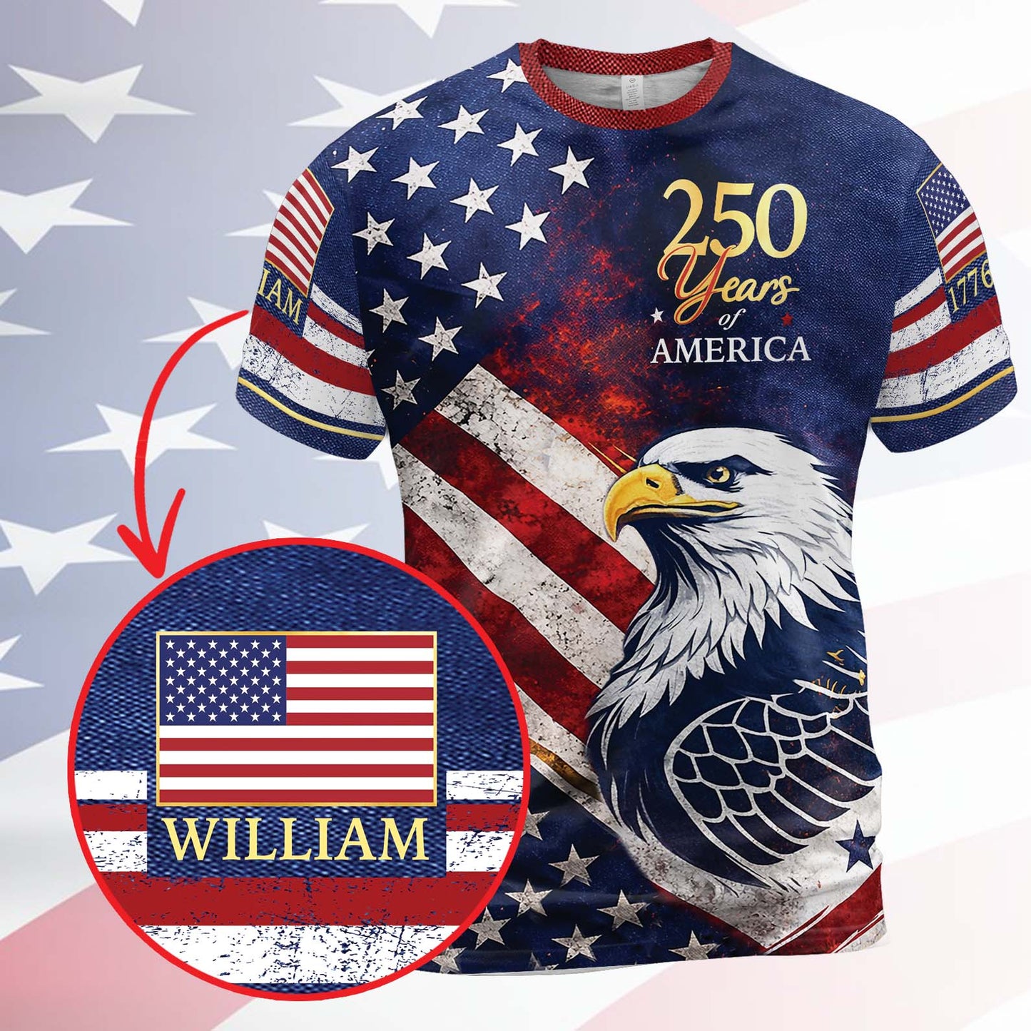 Personalized 250 Years Of America 1776–2026 AOP Shirt, Patriotic Eagle USA All-Over Print T-Shirt 684819